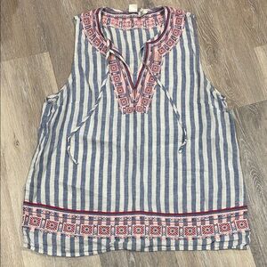 Artisan Ny Blue and White Striped Blouse with Red Embroidery